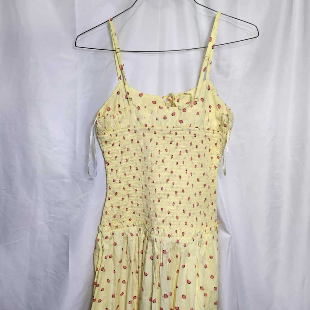 Free People Lavender Daze Midi Dress Sz S Yellow Strawberry Drop- Waist Smocked - Picture 8 of 13